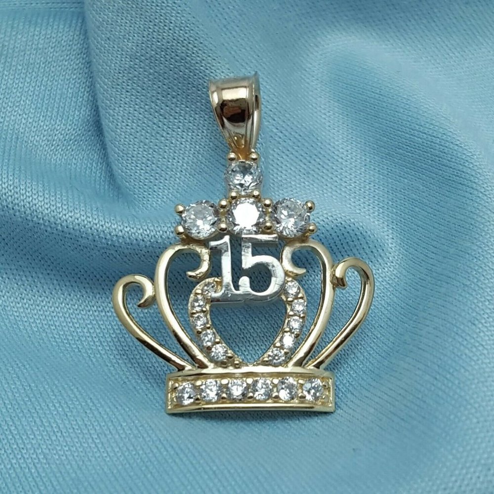 14K Multi Tone Two Tone Cubic Zirconias Quinceanera Crown Tiara 15 Pendant Charm